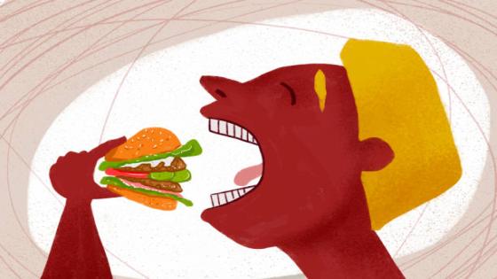 illustration of a man with an open mouth and a hamburger in his hands, about to eat fast food
